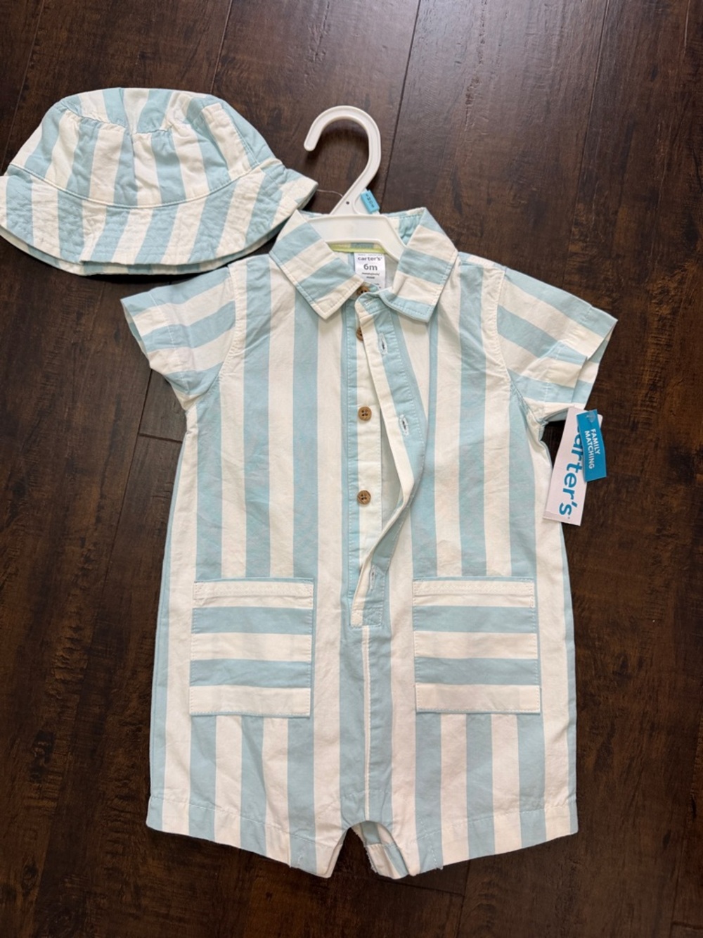 Carter's Light Blue and White Striped Baby Romper with Matching Hat